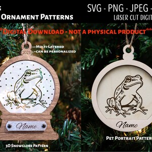 Fichier découpé au laser / fichier numérique 3D de décoration de Noël en bois et acrylique / grenouille / boule à neige SVG, PNG, JPEG / Glowforge / graver / animal de compagnie / reptile