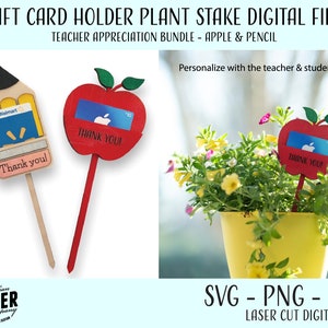 Presente do professor - Arquivo digital de estaca de planta para suporte de cartão-presente, arquivos SVG, PNG e PDF prontos para laser, perfeitos para Glowforge e máquinas a laser