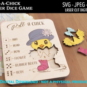 Archivo digital cortado con láser, juego de rompecabezas de pollito de Pascua SVG, Glowforge, idea de regalo de canasta de Pascua, niños, juegos, conejito de Pascua, juego de dados