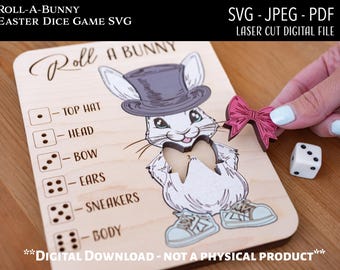 Laser Cut Digital File, Easter Egg Roll A Bunny Puzzle Game SVG, Glowforge, Easter Basket Gift Idea, Kids, Games, Easter Bunny, Dice Game