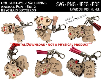 Laser Cut Digital File / Valentine Animal Keychain Set 2 SVG, PNG / Glowforge / Funny / Love / Cute / Valentine&#39;s Day / Scrap buster / Pun