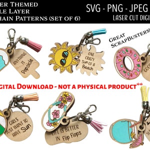 File digitale tagliato al laser / Portachiavi estivo SVG / Glowforge / Spiaggia / Oceano / Piscina / Infradito / Ghiacciolo / Bevanda / Sabbia / Sole / Scrapbuster