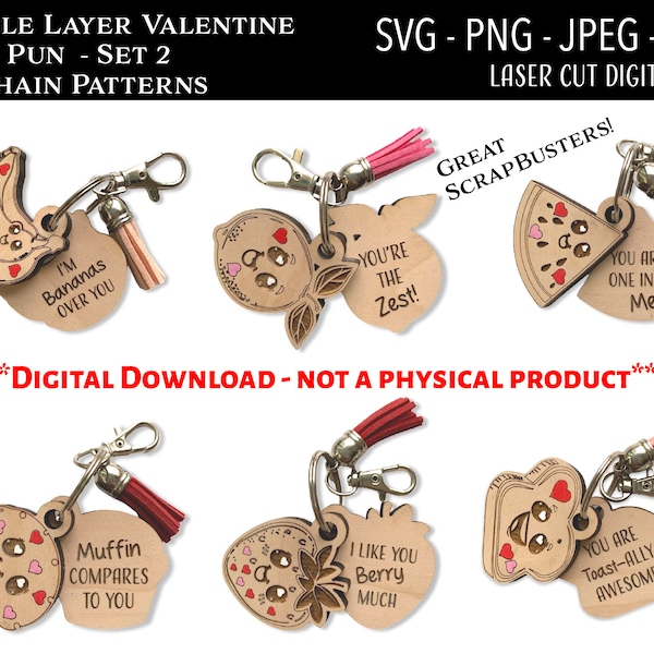 Laser Cut Digital File / Valentine's Day Food Pun Keychain SVG / Glowforge / Funny / Love / Cute / Valentine's Day / Scrap buster / Hearts