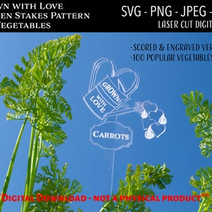 Fichier numérique découpé au laser / Grown with Love Garden Stakes SVG, PNG / Glowforge / Jardin / Entretien des plantes / Légume / Pieu de jardin / Fête des Mères