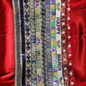 Ręcznie robiony pasek na torebkę z koralikami, Mardi Gras, Muses, Laissez les Bons Temps Rouler