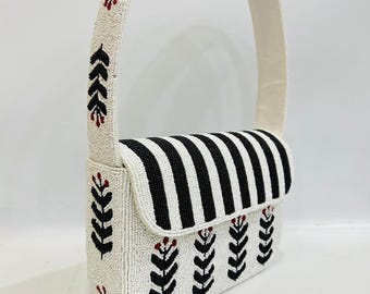 Handmade Black & White Beaded Shoulder Bag | Floral Leaf Pattern Purse | Boho Evening Bag | Artisan Beadwork Handbag