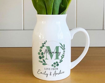 Personalised Milk Jug Bud Vase, Gift for Her, Gift for Mum Nanny Sister Aunty, Floral Wreath