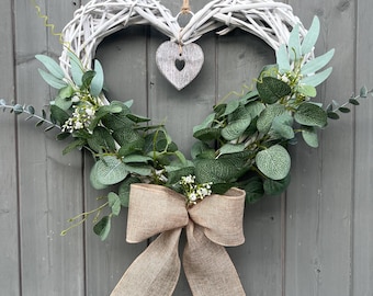 Eucalyptus Heart Wreath, White Willow, Hessian Bow, All Season Wreath