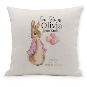 Personalised New Baby Cushion, Flopsy, The Tale of Rabbit Cushion Cover, New Baby, Home Decor, Nursery, Baby Girl, Pink/Peach