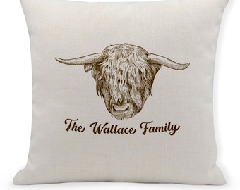 Personalised Highland Cow Cushion Cover, Country Living, Home Decor, Family Surname Keepsake Cushion
