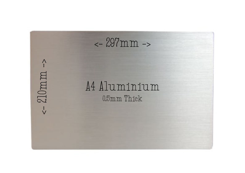 May include: A silver A4 aluminum sheet measuring 297 mm by 210 mm and 0.5 mm thick.