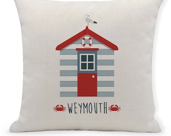Personalized Beach Hut Cushion Cover, Seaside Home Decor (40cm)