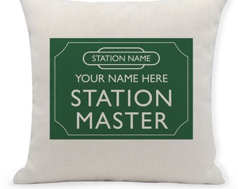Personalised Railway Station Master Cushion, Model Railway Steam Train, Add Any Name or Text, Pillow, 40x40cm