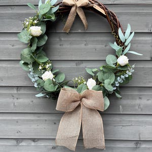 White Rose & Eucalyptus Wreath: Cottagecore Willow Door Decor