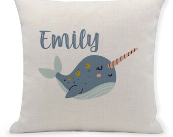 Personalised Narwhal Cushion, Cute Narwhal Cushion, Kids Gift, Under The Sea