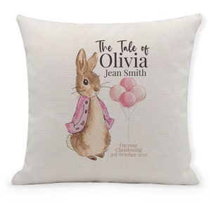Personalised Christening Cushion, Flopsy, The Tale of Rabbit Cushion Cover, Home Decor, Nursery, Baby Girl