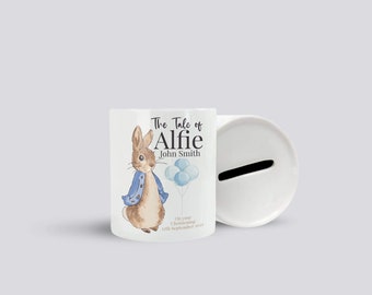 Personalised Christening Ceramic Money Box, The Tale of Rabbit Money Box, Christening Gift, Keepsake Piggy Bank, Blue,  Baby Boy