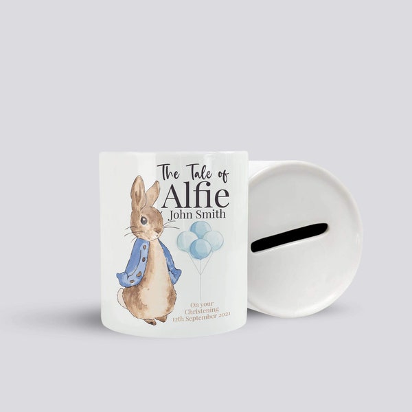 Personalised Christening Ceramic Money Box, The Tale of Rabbit Money Box, Christening Gift, Keepsake Piggy Bank, Blue,  Baby Boy