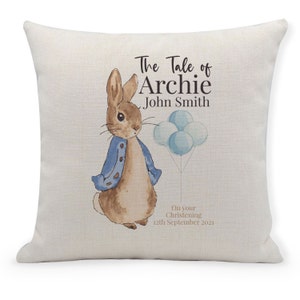 Personalised Christening Cushion, The Tale of Rabbit Cushion Cover, Nursery, Christening Gift, Baby Boy