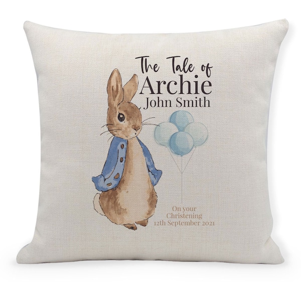 Coussin de baptême personnalisé, housse de coussin L'histoire du lapin, chambre de bébé, cadeau de baptême, bébé garçon