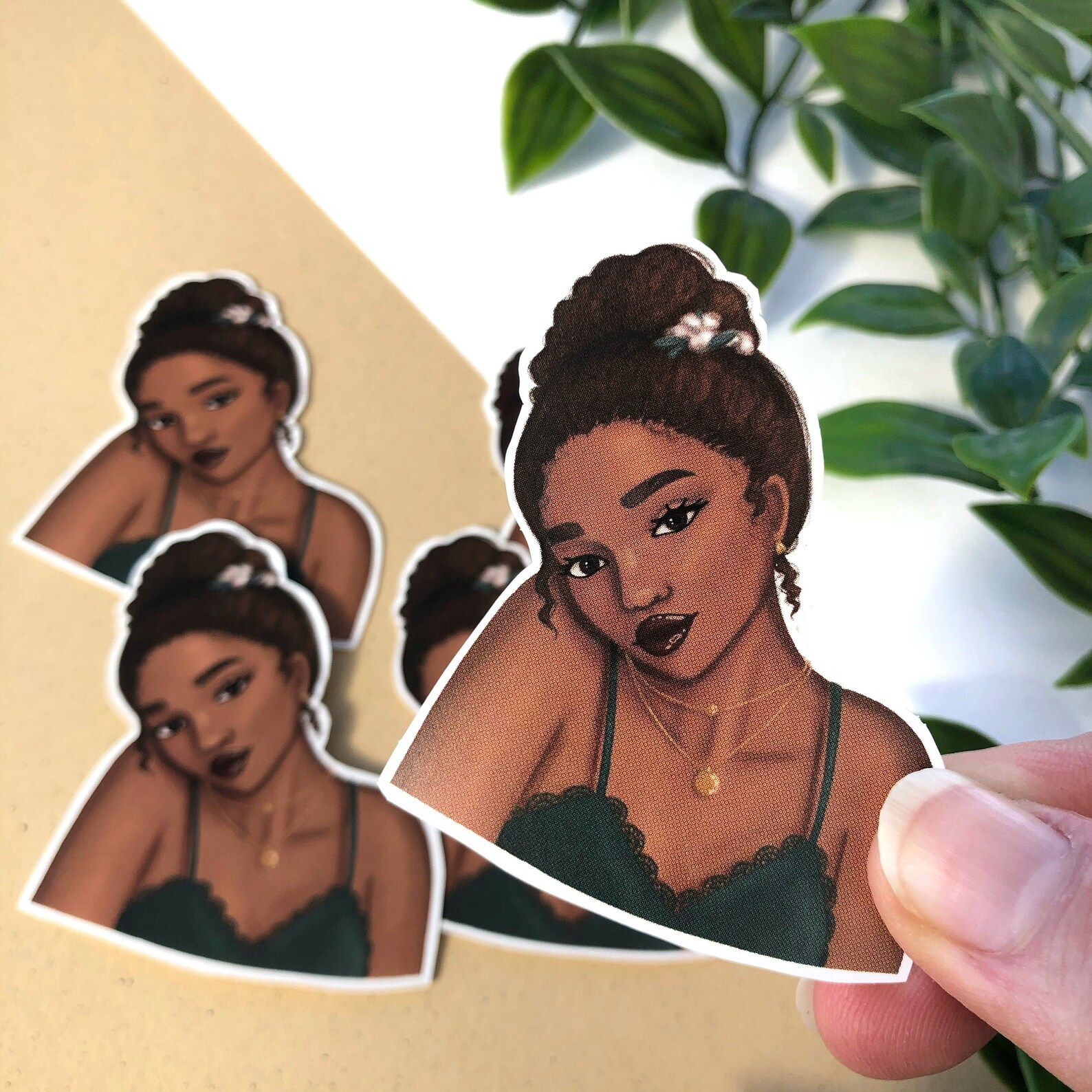 Sticker Girl With Dark Curly Hair in Bun and Flowers and Green Etsy
