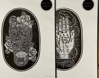 Pressure & Fortunes pair - palmistry and reflexology Lino / Lino cut print pair