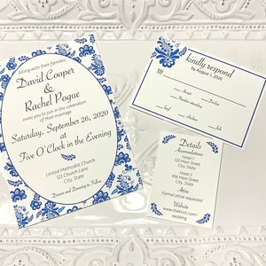 Traje de invitación de boda de patrón azul holandés, RSVP impreso, tarjeta de detalle, patrón de China