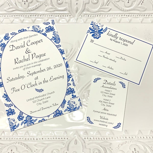 Dutch Blue Pattern Wedding Invitation Suit, Printed RSVP, Detail Card, China Pattern
