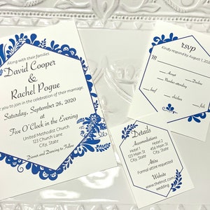 Traje de invitación de boda de patrón azul holandés, RSVP impreso, tarjeta de detalle, patrón de China