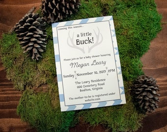 Little Buck Baby Boy Shower Invitation Printed Blue and Gray