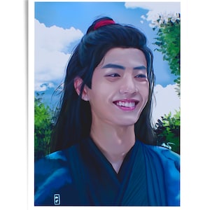 May include: A portrait print of a smiling person with long black hair, a red hair tie, and a blue robe. The background features a blue sky with clouds and green foliage. The artwork has a soft, painterly style.