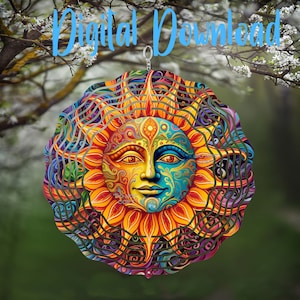 Op de afbeelding: Een kleurrijk zonvormig ornament met een gedetailleerd gezicht en ingewikkelde patronen. Het ornament heeft een levendige mix van oranje, geel, blauw en groene tinten. De tekst "Digital Download" staat in lichtblauw bovenaan.