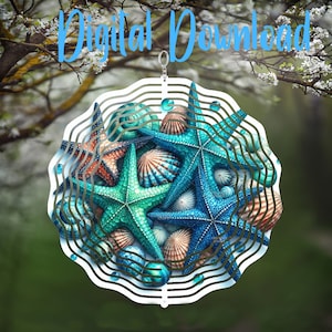 May include: A decorative wind spinner featuring a cluster of starfish and seashells in shades of teal, blue, and orange. The design includes a white, wavy border and the words "Digital Download" in light blue.
