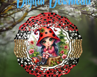 Whimsical Ladybug Girl | Mushrooms | Daisy | Wind Spinner - Digital Design - Download - png file