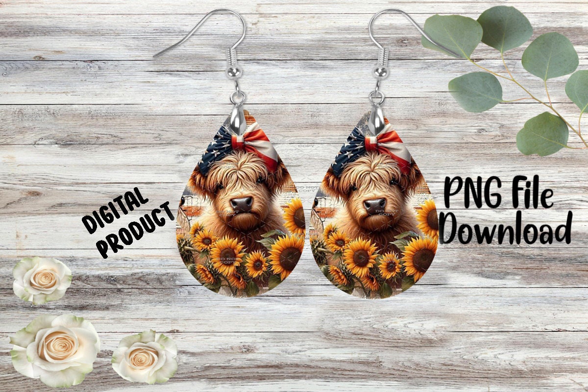 Patriotic Sunflower Highland Cow - Sublimation Earring Designs Template ...