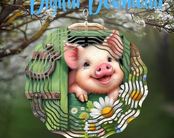 Sweet Pig and Daisies Wind Spinner - Digital Design - Download - png file