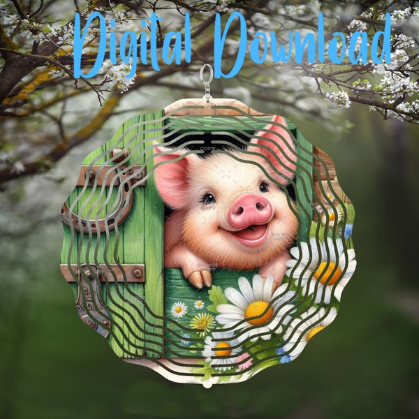 Sweet Pig and Daisies Wind Spinner - Digital Design - Download - png file