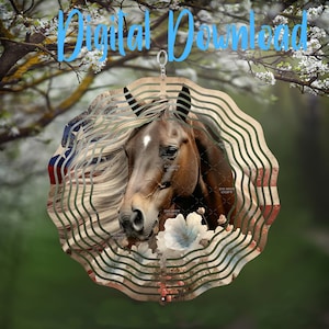 May include: A metal wind spinner with a brown horse head and flowing mane, surrounded by blue and white flowers. The background is a red, white, and blue American flag pattern.