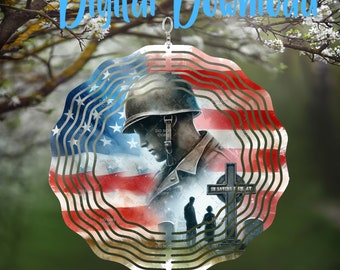 May include: A round, layered ornament featuring a soldier in a helmet, set against an American flag design. The ornament includes the text "Digital Download" and a scene with a cross and figures at a cemetery. The design incorporates red, white, and blue colors.