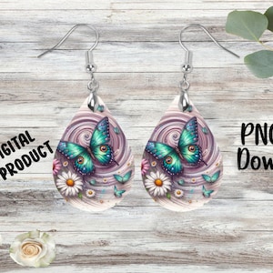 May include: A pair of teardrop-shaped earrings with a swirling purple and white background. Each earring features a large, green and blue butterfly with white daisies and smaller butterflies around it.