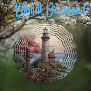 May include: A decorative, layered metal ornament featuring a lighthouse scene. The lighthouse is gray with a red-roofed building next to it, set on a rocky island with pink flowers. The ornament has a wavy, layered design and the words "Digital Download" in blue.