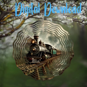May include: A metal wind spinner featuring a vintage steam train traveling across a wooden bridge. The train is surrounded by a circular design of concentric rings.