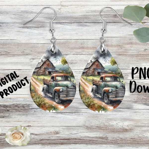 Vintage Truck and Barn - Sublimation Earring Designs Template - PNG - Instant Digital Download
