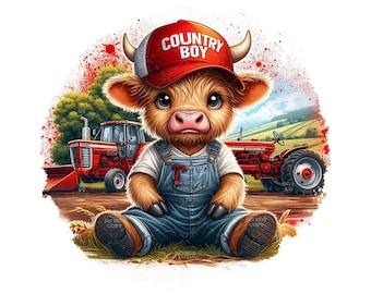 Puede incluir: Ilustración digital de un ternero de dibujos animados con una gorra de camionero roja "COUNTRY BOY" y un peto vaquero. El ternero está sentado en un campo con dos tractores rojos al fondo. La imagen tiene un efecto de acuarela.