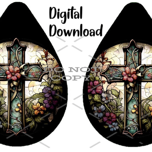 Stained Glass Cross - Sublimation Earring Designs Template - PNG - Instant Digital Download