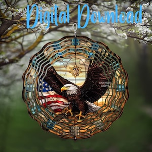 May include: A round, layered ornament featuring a bald eagle with outstretched wings, the American flag, and a ship's wheel design. The ornament has a stained-glass effect with brown, blue, and gold tones. The text "Digital Download" is at the top.