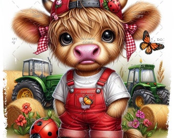Puede incluir: Una vaca Highland de dibujos animados con una gorra de béisbol roja, un mono rojo y un lazo rojo y blanco a cuadros. La vaca está de pie en un campo con pacas de heno, tractores y flores. Hay una mariposa volando en el fondo.