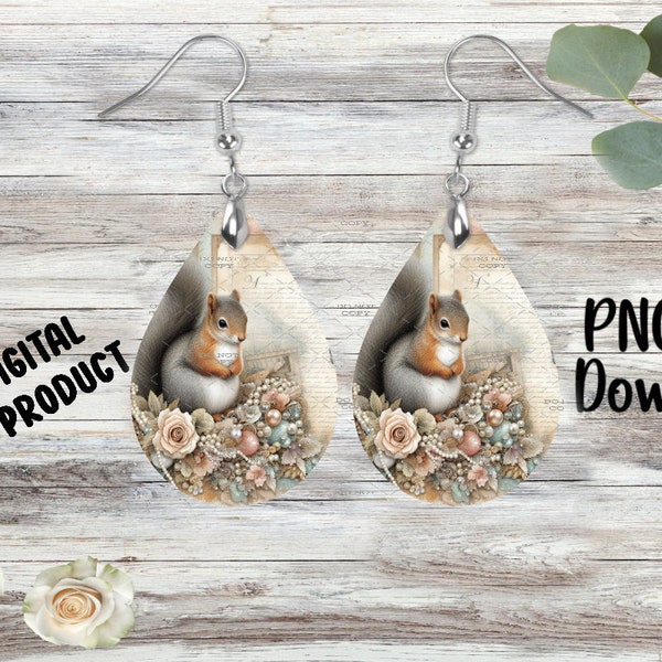 Shabby Chic Squirrel - Sublimation Earring Designs Template - PNG - Instant Digital Download