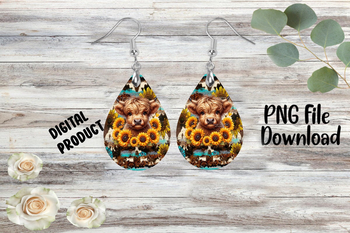 Western Sunflower Highland Cow - Sublimation Earring Designs Template ...