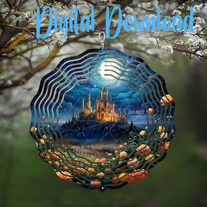 May include: A decorative wind spinner featuring a castle scene under a full moon. The design includes a detailed castle on a hill, surrounded by flowers, with the text "Digital Download" at the top.
